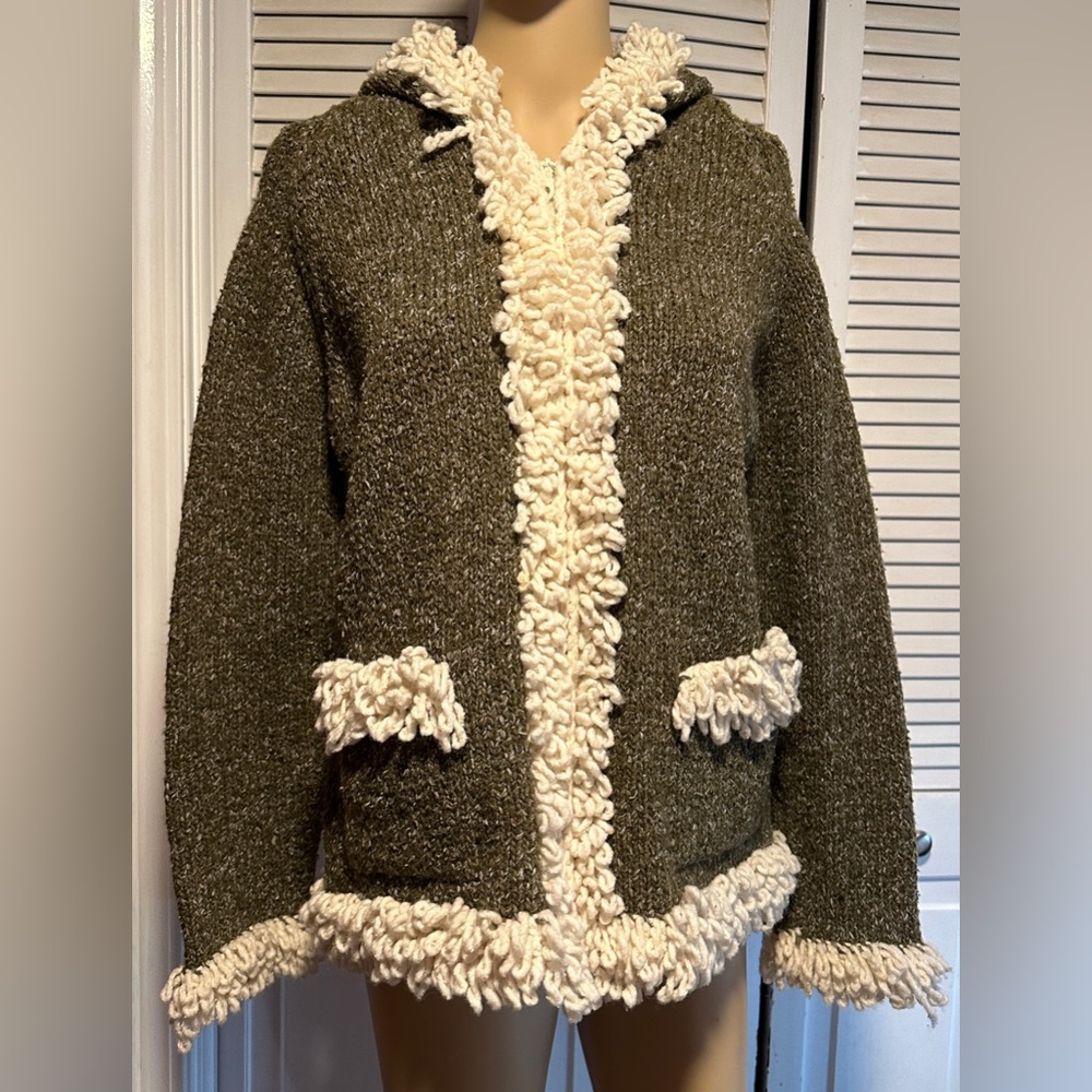 Indian Crafts Boho Green Cardigan Sweater Full Zip Hood Hand Made Women’s OS